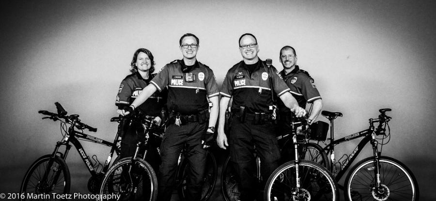 Four police bike patrol staff photographed with their new bikes